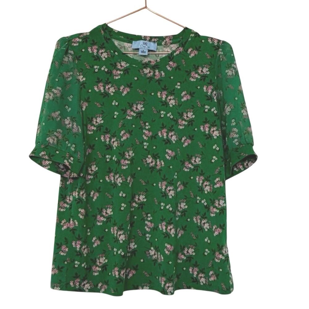 CeCe Emerald Green Floral Short Sleeve Top